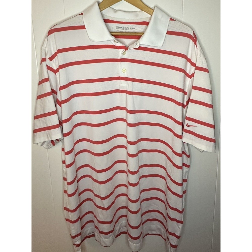 Nike Golf Polo Shirt Mens Size XXL White w/ Pink Stripes Dri Fit Sleeve Logo
